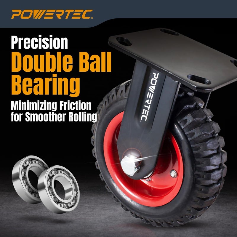 POWERTEC 8 Inch Caster Wheels, Heavy Duty Fixed Plate Casters with Rubber Knobby Tread for Workbench, Dolly, Cart, Trolley, Wagon, Toolbox and Chicken Coop, Large Rubber Castor Wheels, 1PK (17053) - Image 4